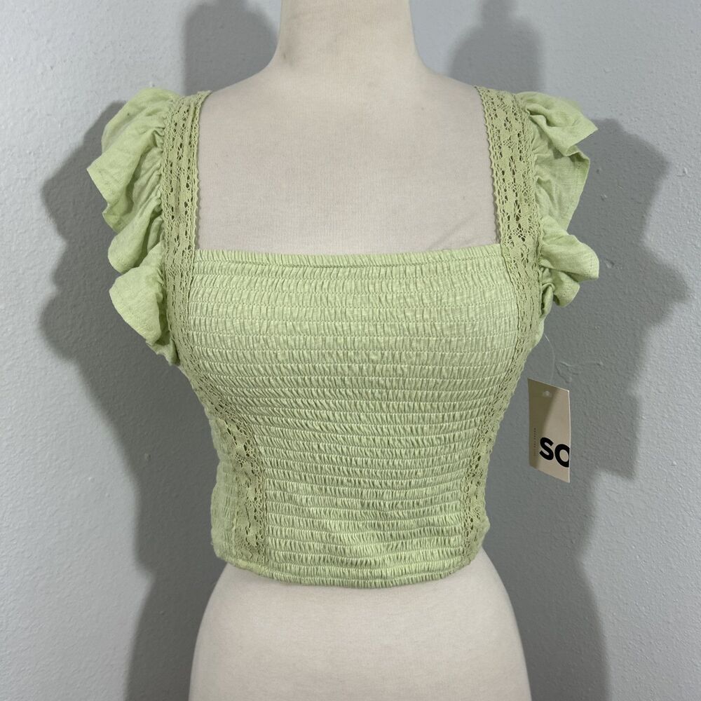 So Crop Top Womens Extra Small Green Cinched Ruffle Sleeves 90s Y2K